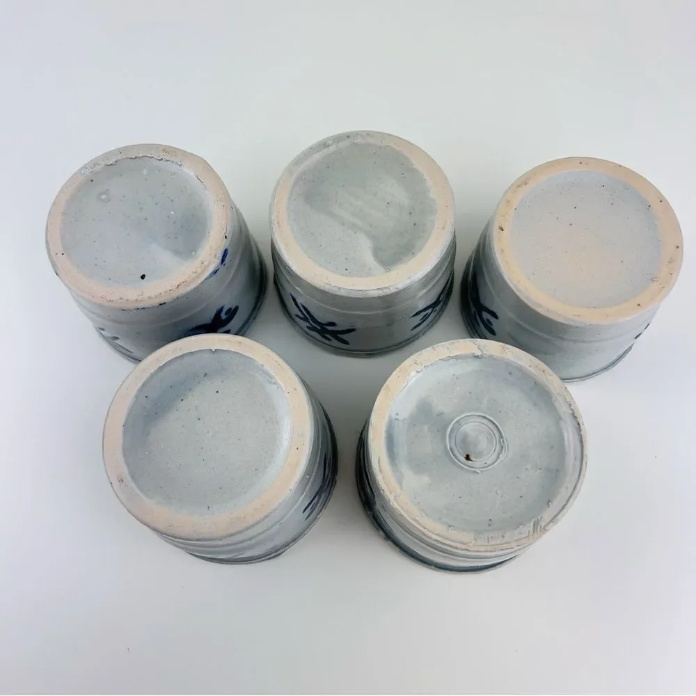 Salt Glaze Pottery Dish Boho Blue Glaze Handmade Vintage Ceramic Bowl Set Of 5 - Picture 5 of 7